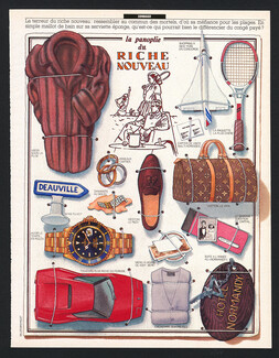 La Panoplie du Riche Nouveau 1987 Rolex, Ferrari, Louis Vuitton, Concorde, Cartier, Deauville... Illustration Gilles Bachelet