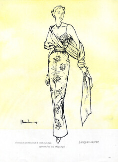 Jacques Griffe 1949 Fourreau de satin brodé, écharpe drapée, Jc. Haramboure