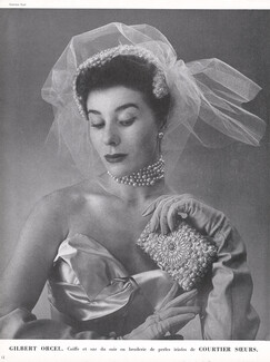 Gilbert Orcel 1951 Courtier Soeurs, Evening bag and headgear in iridescent pearls, Photo Saad
