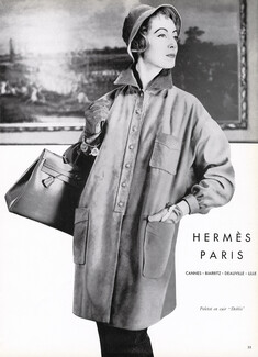 Hermès (Couture) 1956 Paletot en cuir, Handbag, Gloves