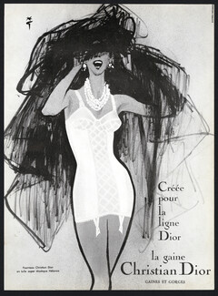 Christian Dior (Lingerie) 1959 René Gruau, Fourreau en tulle Helanca (b&w)