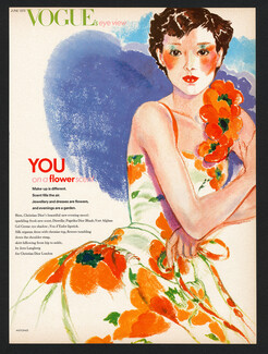 Christian Dior London 1973 Antonio Lopez, Make up Christian Dior, Silk dress by Jorn Langberg, Flowers