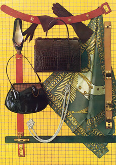 Dernière touche de l'élégance, 1962 - Hermès 4 Belts, Hermès Crocodile Handbag, Gloves, Durer Shoes Handbag, Léonard Scarf