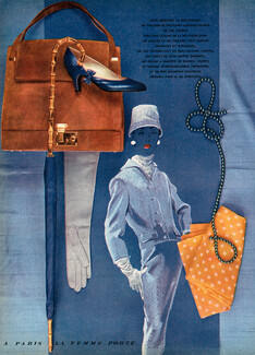 À Paris la femme porte, 1956 - Ted Lapidus, Marcel Guillemin, Sac Carvil, Gants Hermès, Merry, Védrenne, Perugia