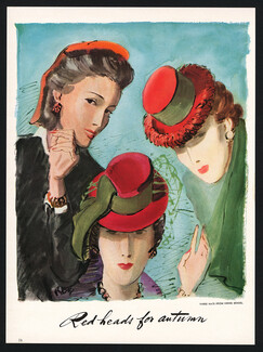 Henri Bendel 1940 Red Heads For Autumn, René Bouët-Willaumez Fashion Illustration