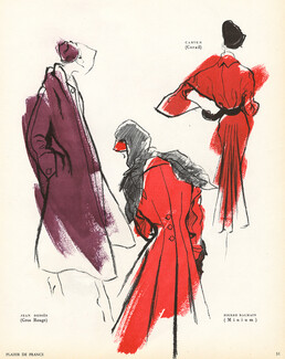 Jean Dessès, Pierre Balmain, Carven 1952 Red Coats, Diaz Fashion Illustration