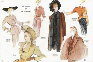 Le Sable et le Caramel, 1947 - Jean Dessès, Jacques Fath, Mad Carpentier, Lucien Lelong, Jacques Heim, Marcelle Chaumont, illustration Roger Descombes