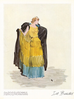 Paquin 1937 Volants superposés, tons dégradés de jaune et turquoise, cape en jersey, Eric