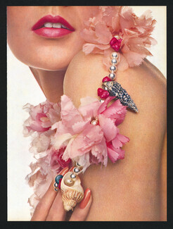 Christian Dior (Cosmetics) 1968 Lilac Lipstick, Orange Nail varnish, Photo Hans Feurer