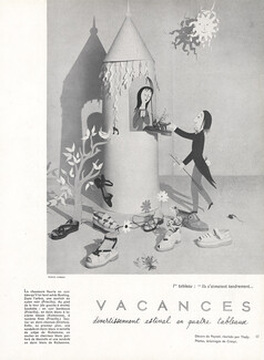 Vacances — divertissement estival..., 1948 - Décor Raymond Peynet, Tableau 1 - Shoes, Bunting, Priscilla, Richomme, Drettas, Maniatis, back: Tableau 2 - Handbags, Violette Cornille, Line Vautrin, Photos Crespi