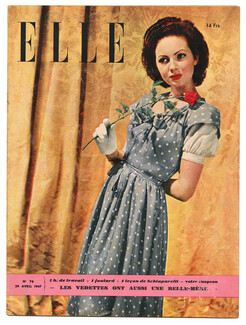 ELLE N°76 du 29 Avril 1947 Schiaparelli Hat, Robes du soir Fath Dior Schiaparelli Lelong Balmain, Duvelleroy, Natacha Kirilova