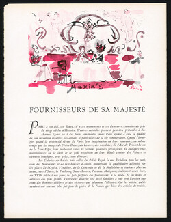 Fournisseurs de sa Majesté, 1944 - Illustrations Christian Bérard et Guillaume Monin, Maxim's, Schiaparelli, Carrère, Guillaume, Bunting, Lachaume, La Tour D'argent, Hermès, Jansen, Galerie Georges Maratier, Texte par Louis Chéronnet, 10 pages
