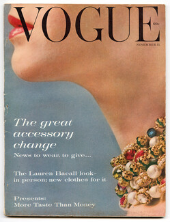 Vogue US 1959 November 15, The Great Accessory Change, Evelyn Hofer, Rawlings, Rutledge, Arno Sternglass, Perfumes, Lauren Bacall