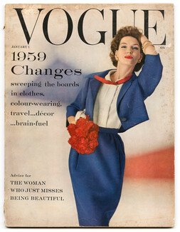 Vogue US 1959 January 1, Karen Radkai, René Bouché, Palumbo, William Bell, Henry Clarke, Norman Parkinson