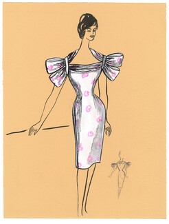 Blanche Bassia 1960 Original Fashion Drawing, White And Pink Dress Ribbons