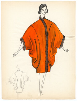 Blanche Bassia 1960 Original Fashion Drawing, Orange Coat