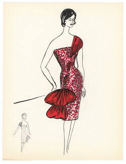 Blanche Bassia 1960 Original Fashion Drawing, Red And White Dress Ribbons