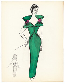 Blanche Bassia 1960 Original Fashion Drawing, Green Dress Ribbons