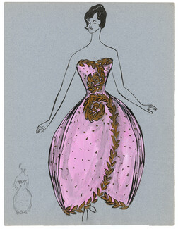 Blanche Bassia 1960 Original Fashion Drawing, Pink Strapless Dress