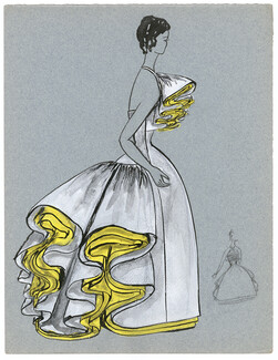 Blanche Bassia 1960 Original Fashion Drawing, White Dress Yellow Petticoats