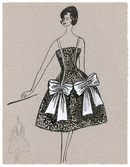 Blanche Bassia 1960 Original Fashion Drawing, Black Lace Dress White Ribbons