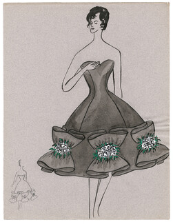 Blanche Bassia 1960 Original Fashion Drawing, Black Dress Ribbons With Flowers