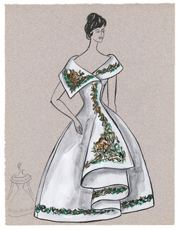 Blanche Bassia 1960 Original Fashion Drawing, White Embroided Dress
