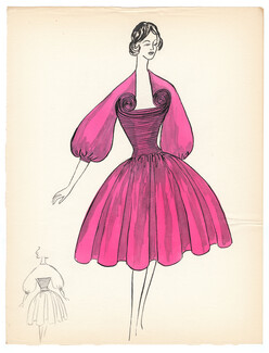 Blanche Bassia 1960 Original Fashion Drawing, Pink Dress