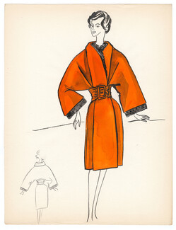 Blanche Bassia 1960 Original Fashion Drawing, Orange Coat