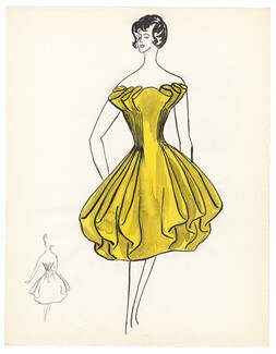 Blanche Bassia 1960 Original Fashion Drawing, Yellow Ruffled Dress