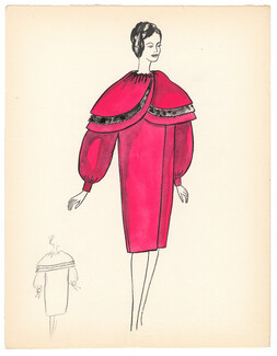 Blanche Bassia 1960 Original Fashion Drawing, Pink Coat