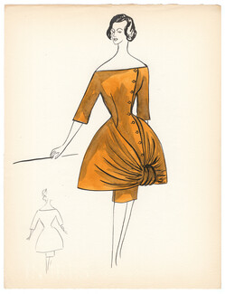 Blanche Bassia 1960 Original Fashion Drawing, Tangerine Dress With Bow