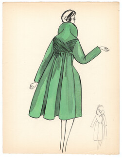 Blanche Bassia 1960 Original Fashion Drawing, Light Green Coat
