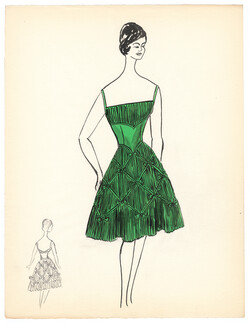 Blanche Bassia 1960 Original Fashion Drawing, Green Dress
