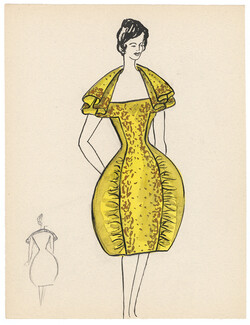 Blanche Bassia 1960 Original Fashion Drawing, Yellow Puffy Dress