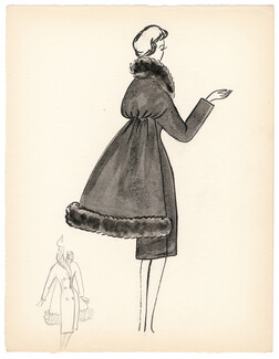 Blanche Bassia 1960 Original Fashion Drawing, Black Coat With Fur