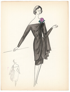 Blanche Bassia 1960 Original Fashion Drawing, Black Dress With Flower