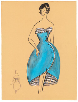 Blanche Bassia 1960 Original Fashion Drawing, Blue Dress