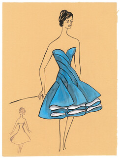 Blanche Bassia 1960 Original Fashion Drawing, Blue Dress