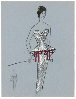 Blanche Bassia 1960 Original Fashion Drawing, White Dress Red Ribbons