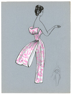 Blanche Bassia 1960 Original Fashion Drawing, White And Pink Dress