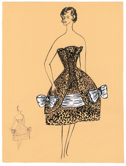 Blanche Bassia 1960 Original Fashion Drawing, Black Dress White Ribbons
