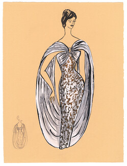Blanche Bassia 1960 Original Fashion Drawing, White Evening Dress