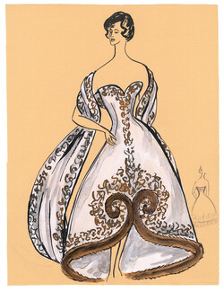 Blanche Bassia 1960 Original Fashion Drawing, White Evening Dress With Fur And Embroidery