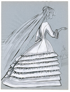 Blanche Bassia 1960 Original Fashion Drawing, Wedding Dress