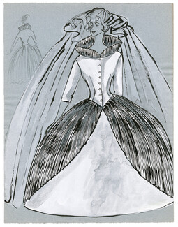 Blanche Bassia 1960 Original Fashion Drawing, Wedding Dress