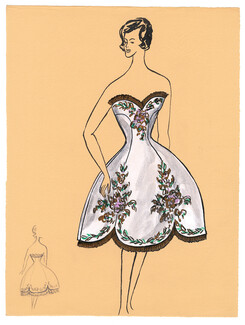 Blanche Bassia 1960 / 1961 Original Fashion Drawing, White Embroided Dress