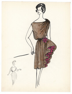 Blanche Bassia 1960 / 1961 Original Fashion Drawing, Brown Dress