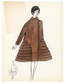 Blanche Bassia 1960 / 1961 Original Fashion Drawing, Brown Coat