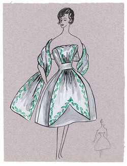 Blanche Bassia 1960 / 1961 Original Fashion Drawing, White Embroided Dress
